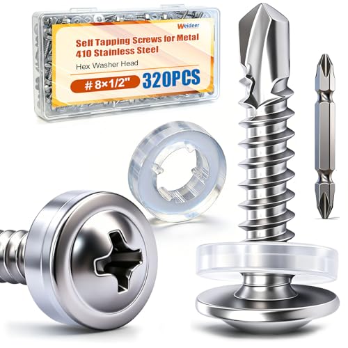 weideer 320pcs #8×1/2" Self Tapping Screws for Metal, 410 Stainless Steel Metal Screw, Truss Head Sheet Metal Screws with Washer, Screwdriver Bit K-158-W-13mm