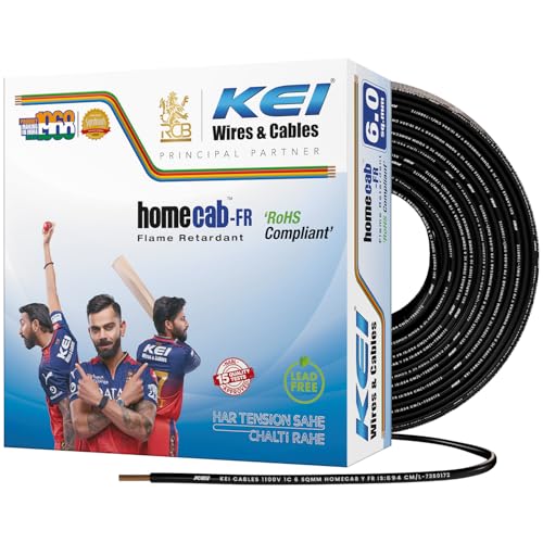 Image of KEI WIRES & CABLES Homecab 6 sqmm 1 Core Copper Flame Retardant House Wire PVC Insulated Cable for Domestic & Industrial Electrical Wiring (Black, 90 Meters)