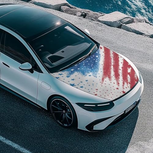 Image of American Flag Print Hood Cover for Compact Car SUV Sedan Truck, Patriotic Decorations, Waterproof Stretchable Car Hood Wrap Blanket, Auto Accessories (59x39 Inch)