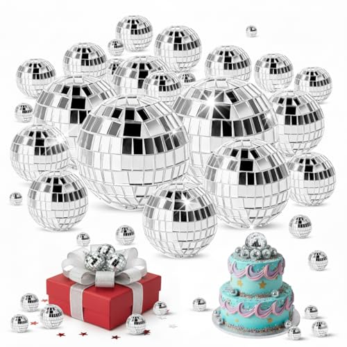 36 Stück Discokugel Set Mini Discokugel Deko 4 Größe Discokugeln Glänzend Spiegelkugel Klein Disco Ball für Cake Toppers Kuchendekoration Hochzeit Geburtstag Party Bar Silber