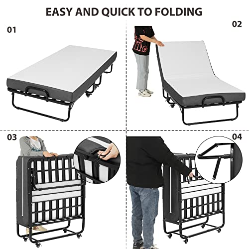 DICTAC Klappbett 90x200cm Erwachsene mit ca.13CM Matratze aus Gedächtnisschaum Gästebett Klappbar Metallrahmen Klappbetten mit Rollen Reisebett Faltbares Metallbett Stabil bis 200 kg belastbar