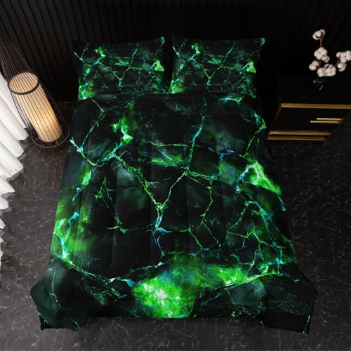 Image of Nttopship Green Comforter Set Twin Size,Green Marble Bedding Set 3 Pcs Bedding for Adults, Marble Room Decor with Comforter and 2 Pillowcases Soft and Lightweight B-Side Black
