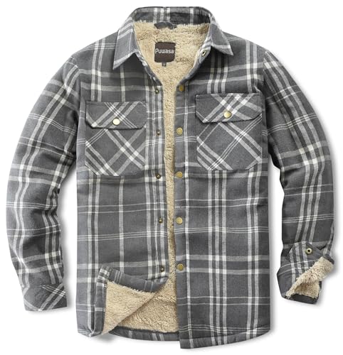 Image of Men's Sherpa Cotton Flannel Shirt Jacket Plaid Button Coat Pocket