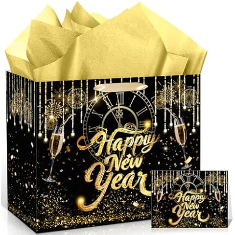 Innovoscape Large Happy New Year Gift Bag Black Gold New Year's Eve Party Gift Wrap Goodie Bag with Wrapping Paper and Card for 2025 New Year's Day Eve Decorations Party Favors Supplies Cover