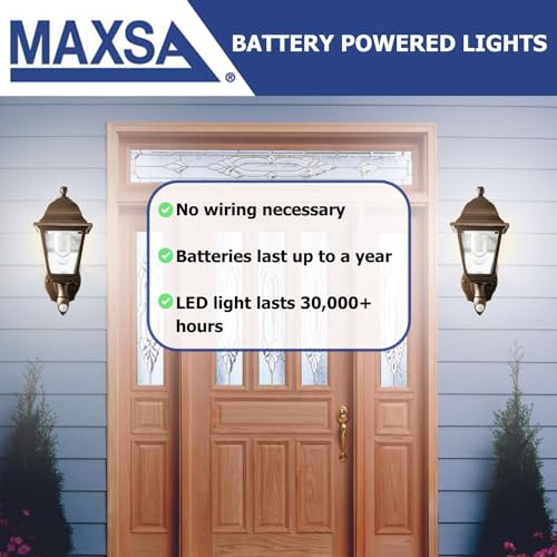 Image of Maxsa 46219 Premium Battery-Powered Motion-Activated Decorative Outdoor Cool White LED Wall Sconce Lighting Fixture, Metal Housing, Dark Copper (Pack of 4)