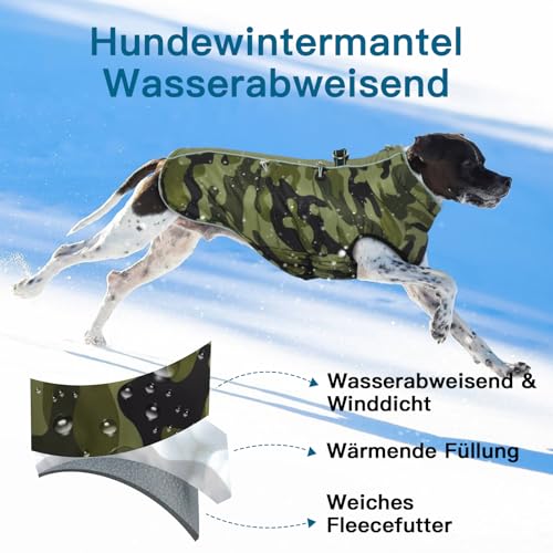 Katzinst Hundejacke Grosse Hunde, Ärmellose Wasserbeständig Schneemantel Hund, Hundemantel mit Bauchschutz, Fleecekragen Hundemantel Gefüttert für Große Hunde, Deutsche Dogge, Armee-Grün, 3XL
