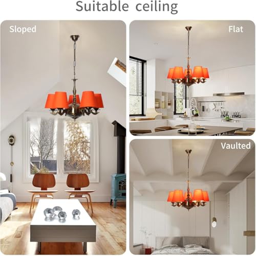 Image of Devansh 05 Lights Orange conical Cotton Shade with Antique Golden Chandelier