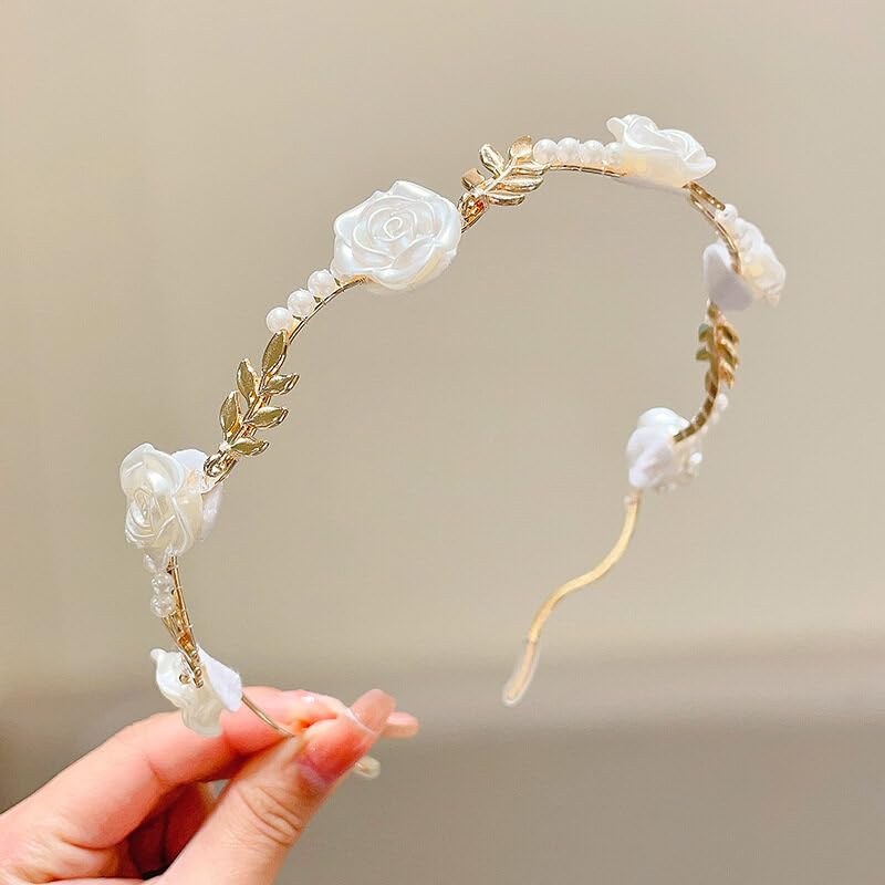 Red Rose Pearl Headband Princess Flower Crown Hair Accessories Gold Leaf with Floral Hairband Wedding Headpiece Hair Jewelry for Women Ladies Hairdress - Image 3