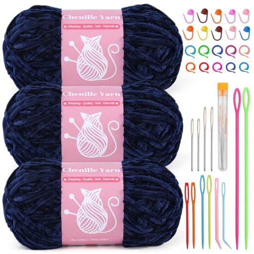 Image of LUNARM Chenille Yarn for Crochet Knitting Chunky Blanket Velvet Yarn | 3 Pack 3.5oz /100g 486 Yard Navy Blue Chenille Yarn for Beginners Knitting Scarves with Big Eye Needles Machine Washable