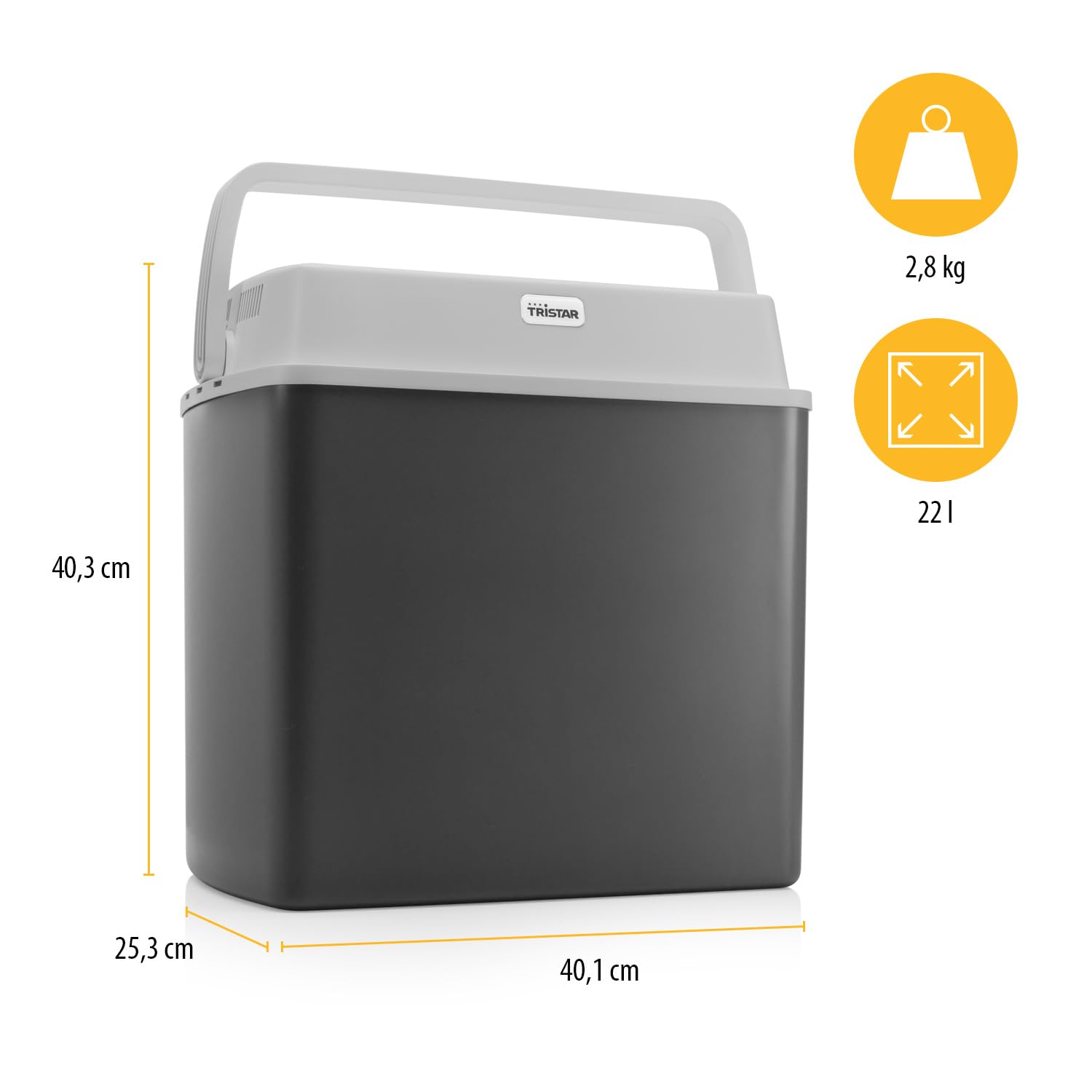 Tristar KB-7424 Nevera portátil, Volumen: 22 litros, Sistema de refrigeración termoeléctrico, 12V, Medidas Exterior: 25.3 x 40.3 x 40.1, Medidas Interior: 19 x 33 x 34, Gris