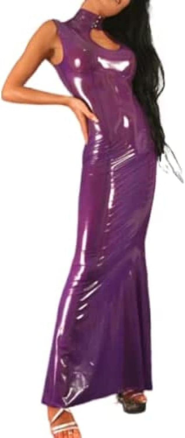 Latex Dress Women Sleeveless Purple Long Skirts Sexy Size XXS-XXL Purple,Purple,XS