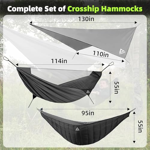 CROSSHIP Camping Hammock with Mosquito Net, Underquilt & Rain Fly Tarp – 2 Person Portable Hammock Set for Hiking, Backpacking, Travel, Backyard, Beach – Holds Up to 500lbs (Black)