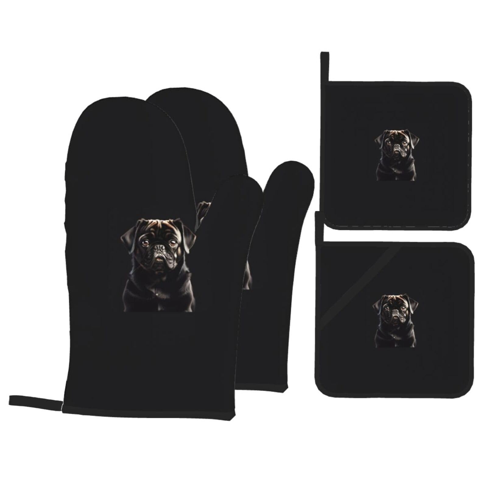 Cute Black Pug Dog Print 4-Piece Heat-Resistant Oven Waterproof Kitchen Gloves Cooking Roasting Essential