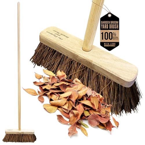 10 Garden Broom Outdoor with Wooden Handle Natural Stiff Bassine Hard Bristle Broom Yard Brush Heavy Duty Outdoor Stiff Sweeping Yard Brush