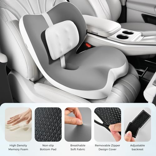 Image of FLORICH 2 in1 Truck Seat Cushion and Lumbar Support Pillow Memory Foam Car Seat Cushion with Adjustable Strap for Truck Driver Long Drives, Fits Semi Truck Seat,Car,Office&Gaming Chair(Light Grey)