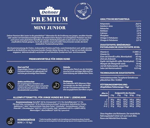 Dehner Premium Hundefutter Junior, Trockenfutter getreidefrei, für Welpen und junge Hunde kleiner Rassen, Ente / Lamm / Kartoffel, 4 kg