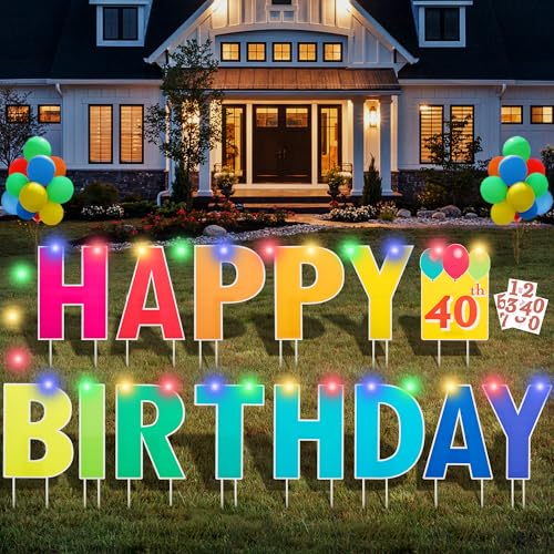 Happy Birthday Yard Sign with Stakes Customizable Age Birthday Sign with 32.8 ft Colorful LED Lights 20 Number Stickers & 20 Balloons Versatile Indoor/Outdoor Decorations for Parties Lawn & Garden