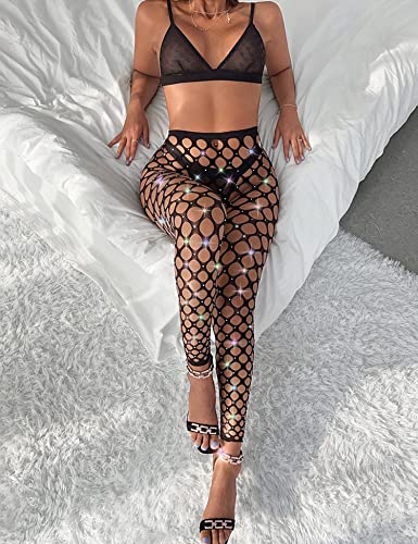 RSLOVE Women Sexy High Waist Tights Rhinestone Sparkle Fishnet Stockings Pantyhose Leggings Lingerie Pants3