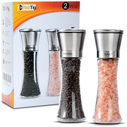 Salt and Pepper Grinder Set Manually Spice Grinder Pepper Mill and Salt Mill - Best for Kitchen –Glass and Stainless Steel-Ceramic Rotor for Salt - Carton Steel for Pepper - Adjustable Coarseness