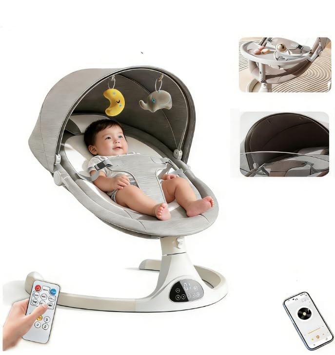 Baby Swing with Remote Control Electric Rocking Chair Baby Sleeping Cradle - Bluetooth Music Player 5 Speed Swing 3 Timer Settings with Detachable Feeding TrayMosquito Net (Gray)