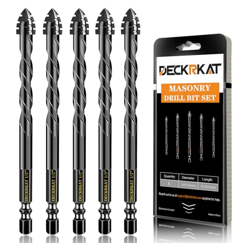 DECKRKAT Upgraded 5-Piece 1/2 Inch Black 4-Flute Serrated Masonry Drill Bits - Concrete, Tile, Glass, Brick, Ceramic, Plastic, Wood