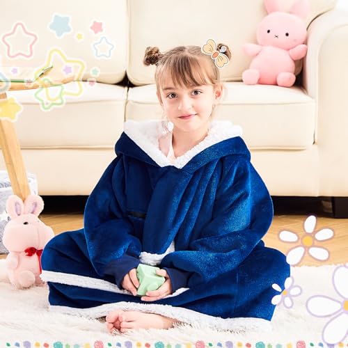 IFNOW Wearable Blanket Hoodie for Kids, Blanket Hoodie for Kids with Hood and Pockets, Girls Oversized Hoodie Blankets As Gift for Teens Girls Boys Birthday Christmas (Navyblue)