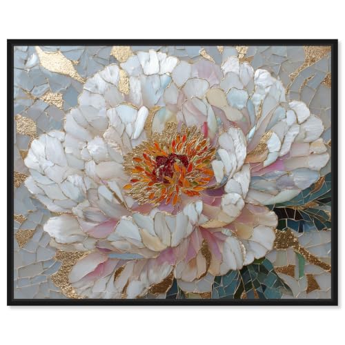 Gilded Peony III Framed Canvas Print Botanical Wall Decor by Art Remedy, Black Frame, 24 x 20