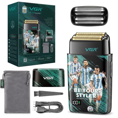 VGR Afeitadora eléctrica 309 para hombres, maquinilla de afeitar profesional recargable de 3 velocidades con láminas flexibles independientes duales, afeitadora inalámbrica impermeable IPX6 para barba