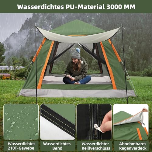 HAUSPROFI Zelt 2-3 Perosonen Pop Up Zelt, Camping Zelt mit Vorzelt Fenster, Große Wasserdicht Automatisches Wurfzelt, Doppeltürlüftung, Moskitoschutz, 2 Schichten Kuppelzelt für Camping Familien Reise