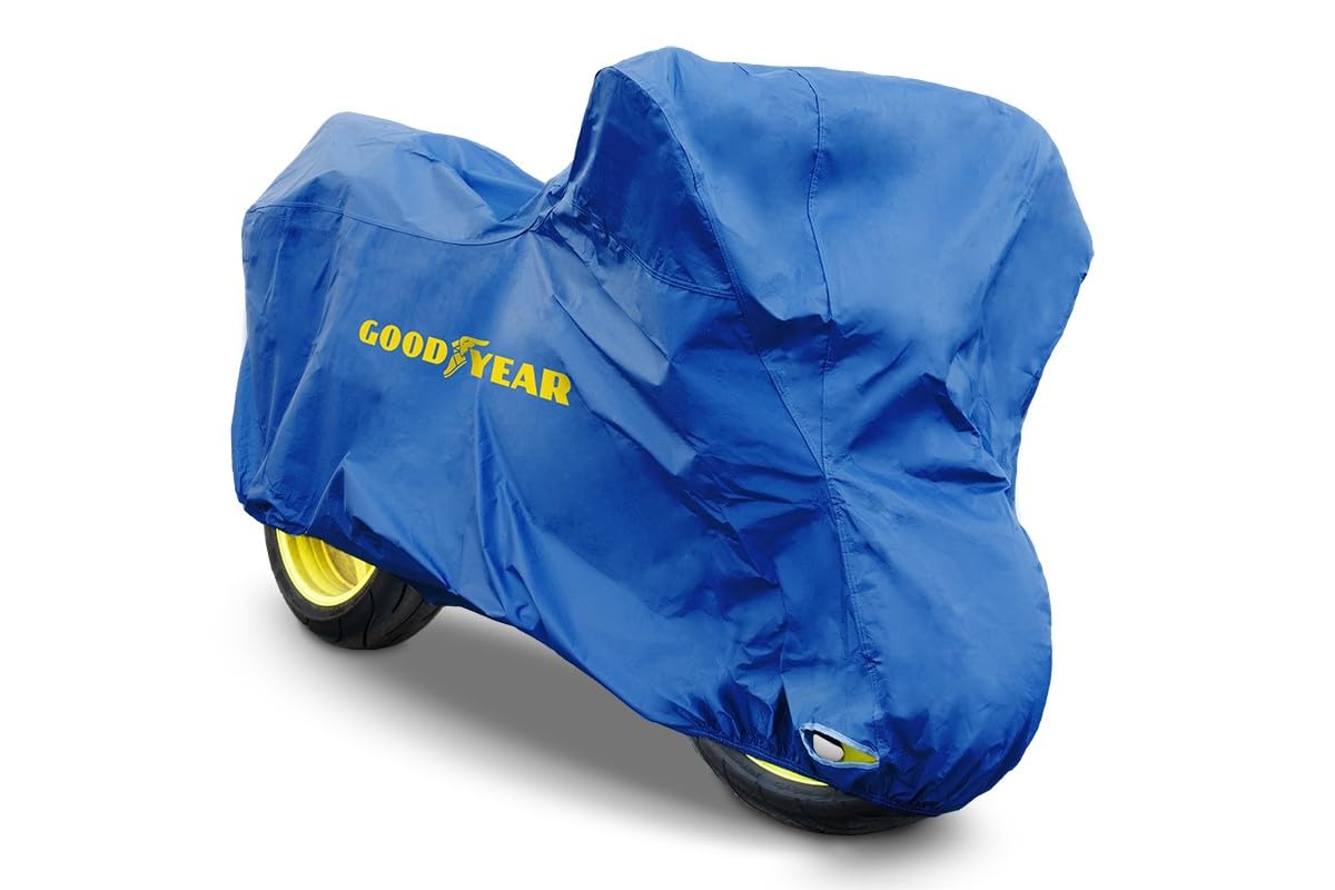 Goodyear Heavy-duty Goodyear motorcycle cover for indoor/outdoor storage with padlock hole, X-large size. Measurements: 246 x 105 x 127cm