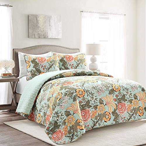Image of Lush Decor Sydney Reversible Cotton Quilt Set, 3 Piece Set, King, Blue & Green - Cotton Bedding Set - Blue Floral Quilt - Cottage Decor - Bedding King Size