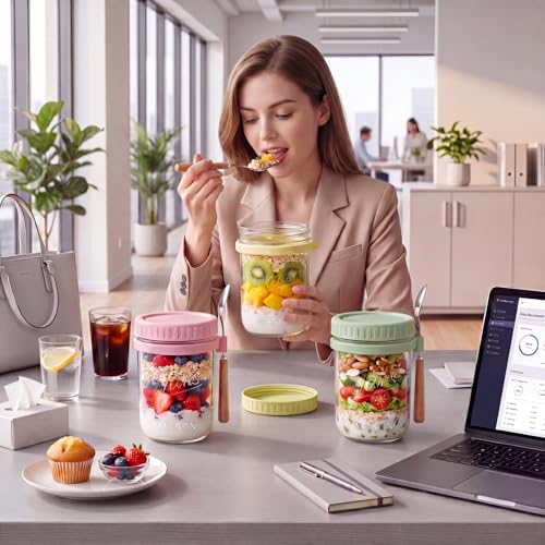 Image of 16oz Glass Overnight Oats Containers with Lids and Spoons, 4 Pack Pink