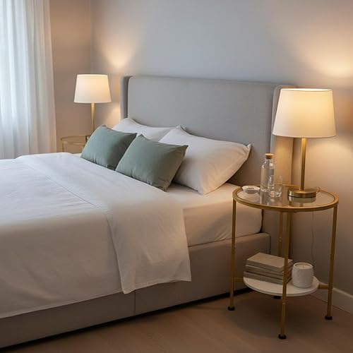 Miniatura 2 de Mesa auxiliar de vidrio templado con estante de almacenamiento para espacios pequeños, mesa redonda de 16.15 pulgadas para dormitorio, mesa auxiliar