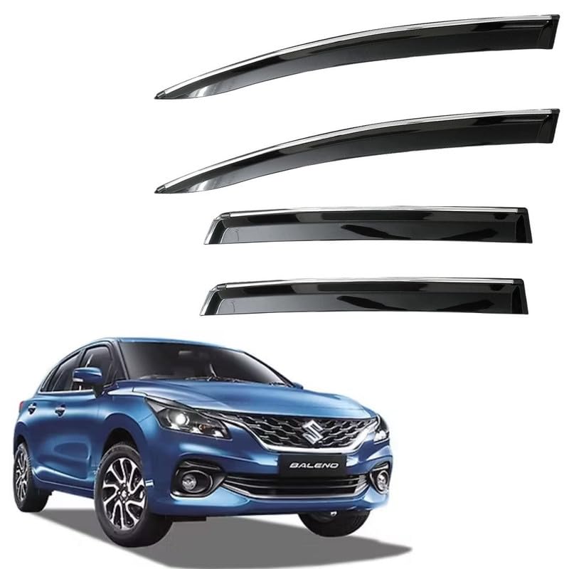 Image of CAR SAAZ Unbreakable Side Window Door Visor for Baleno (2022-Present) | Chrome Smoke Finish | Rain & Wind Deflector - Set of 4 Pcs
