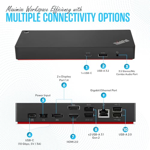 Image of 40AY0090US Lenovo Thinkpad Docking Station Dual Monitor - Supports 4K Display, Universal Dock USB Type- C Gen 2 with 4K HDMI + 4K DisplayPort + USB C Cable + 90W Adap TER (Renewed)