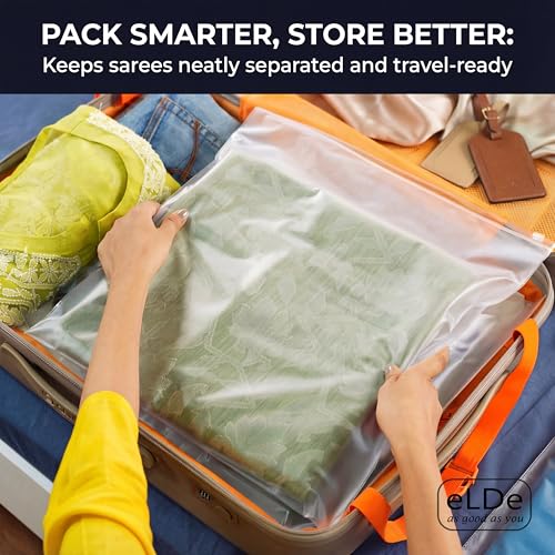 Image of eLDe Set of 8 Saree Covers for Storage | Large Clothes Organizer for Wardrobe, Transparent Saree Bags with Zip | Saree Organiser for Wardrobe, Lehenga & Blouse Organizer, Travel Clothes Storage Bags