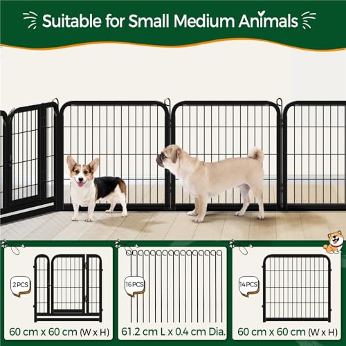 Yaheetech 16-teilig Hundelaufstall 63cm hoch, Hundezaun mit 2 Türen, Welpenlaufstall für Garten, Automatische Verriegelung, Flexibel und faltbar, Für Hund Katze Welpe Kaninchen Meerschweinchen