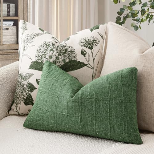 Image of Foindtower Set of 1 Decorative Linen Check Throw Pillow Cover Neutral Farmhouse Lumbar Cushion Cover Modern Boho Accent Home Decor for Sofa Chair Couch Bedroom Living Room,12x20 Inch,Forest Green