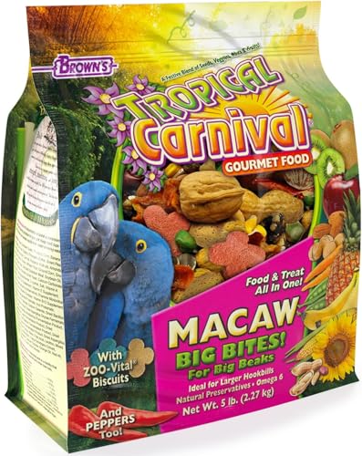 F.M. Browns Tropical Carnival Gourmet Macaw Food Big Bites for Big Beaks Vitamin-Nutrient Fortified Daily Diet with Probiotics for Digestive Health 5 lb