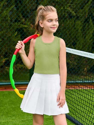 Image of Haloumoning Girls Tank Tops Kids Athletic Ribbed Knit Sleeveless Crop Tops Basic Camisole 5-14 Years