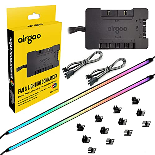Airgoo PWM PC Fan Controller, Connects 4 Channels DC or PWM Fans, 2 Digital RGB LED Channels, Include 2x15.7 inch Neon Argb LED Strips, Audio Sync modes change colors during game play, Custom Software