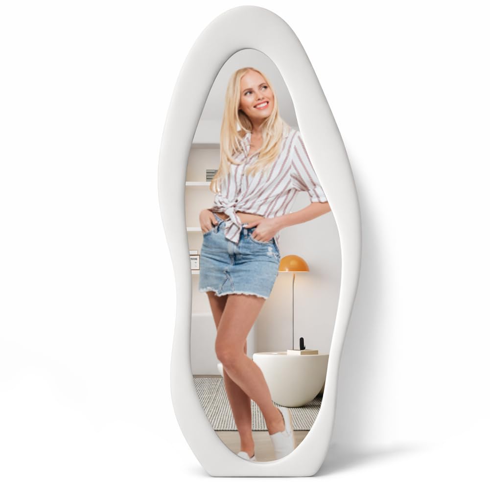 Shally Dogan Specchio Ondulato Figura Intera con Rivestimento Cornice in Velluto Premium, Specchietto Grande Asimmetrico per Decorazione Casa, Ufficio, Negozio, 60 x 160 cm (Bianco)