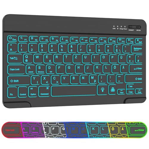 AMZBOSS Bluetooth Tastatur für iOS Android und Windows kompatibel mit iPhone iPad Samsung Lenovo Huawei Geräten QWERTZ Tastenlayout iPad Tastatur tragbare Tastatur für Büro und Lernen(Schwarz)