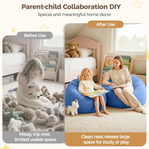 Image of Stuffed Animal Storage Bean Bag Chair Cover for Kids (No Filler), Soft Comfy Velvet Beanbag Chair Cover Machine Washable, Kids Bean Bag Chair with Handle for Living Room Bedroom Dorm,Dark Blue