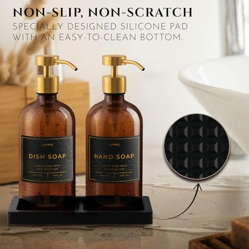 Glass Soap Dispenser Set of 2 (Amber) with Silicone Tray | Hand and Dish Soap Dispenser for Kitchen and Bathroom | 16.8 Oz Glass Bottles with Stainless Steel Pump & 15 Waterproof Labels (Amber/Gold) - image 3