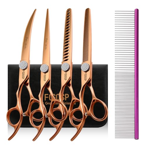 FOGOSP Left Handed 7 Dog Grooming Scissors Set 4PCS Rose Gold Titanium Curved Thinning Straight Chunkers Shears Kit for Professional Groomers Pet Salon Ergonomic Offset Handle Japan 440C