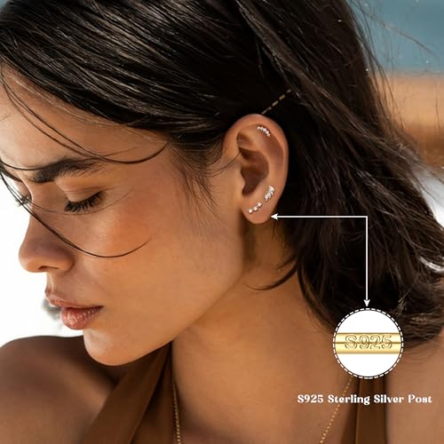 14K Gold Plated Solid 925 Sterling Silver Post Flat Back Earrings Stud | Hypoallergenic Cartilage Lobe Helix Conch Tragus Piercing Jewelry 3 Pairs Small Screw CZ Earring Set for Women Men3