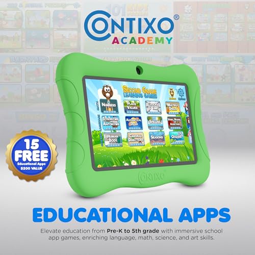 Image of Contixo 7 inch Kids Tablet Bundle - Android Tablets and Kids Wired Headphones, with 14+ Games and Educational Apps, WiFi, 32GB ROM, Learning Tablet for Kids - Green