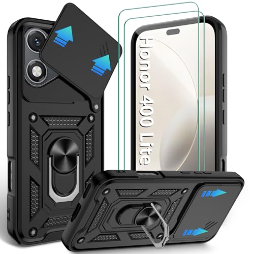 Jshru Handyhülle für Honor 400 Lite 5G Hülle Kameraschutz Slide mit 2 Stück Schutzfolien Militär Stoßfestes Schutzhülle 360 Metall Ständer Outdoor Fallschutz Case für Honor 400 Lite Schwarz