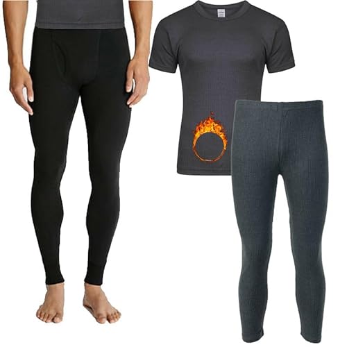 Men's Thermal Underwear Set, Top Bottom Long Johns Warm Base layer Thermal Set Vests Trousers for Cold Winter Wear and Skiing Running Workout (Charcoal Short-Sleeve Set, M)